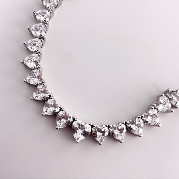 Silver Toned Heart Shaped Cubic Zirconia Tennis Necklace. 22 Inches. - Picture 9 of 13